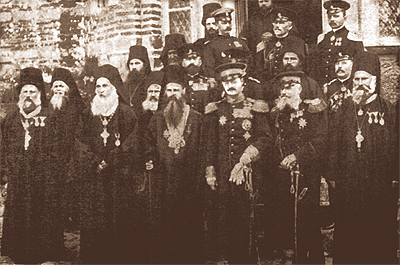 King Aleksandar Obrenović (first row, second on the left, wearing a uniform), visiting Hilandar from March 21st to 25th 1896: responsible for returning Hilandar to Serbia